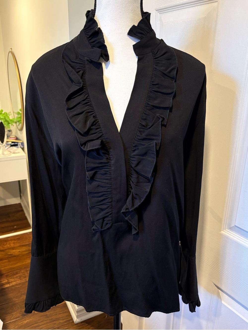 (nude) Black Ruffle V Neck Blouse Made in Italy Size Large